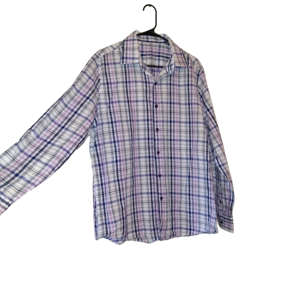 Men's Tasso Elba Purple Plaid embroidered Button Down Shirt Size Large 16-16 1/2